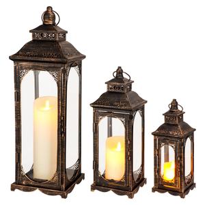 TRIROCKS Set of 3 Vintage Candle Lanterns 10/14/19.5''H Decorative Outdoor Lantern Metal Candle Holder with Tempered Glass for Home Living Room Garden Yard Event Indoor Outdoor (Black with Gold Brush)