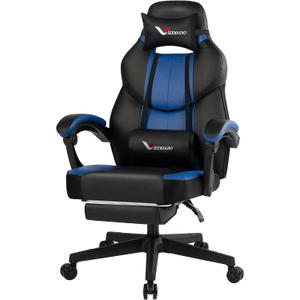 Blue Gaming Chair Big and Tall 400 lbs, Ergonomic Office Chair with Pocket Spring Cushion, Retractable Footrest, Adjustable Recliner, Heavy Duty Leather Office Chair