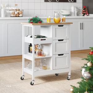 YITAHOME Small Solid Wood Top Kitchen Island Cart on Wheels with Storage, Rolling Portable Dining Room Serving Utility Carts Mobile Movable with 3 Drawers Cabinet, Oak & White, 14.96"D x 26.69"W x 33.07"H
