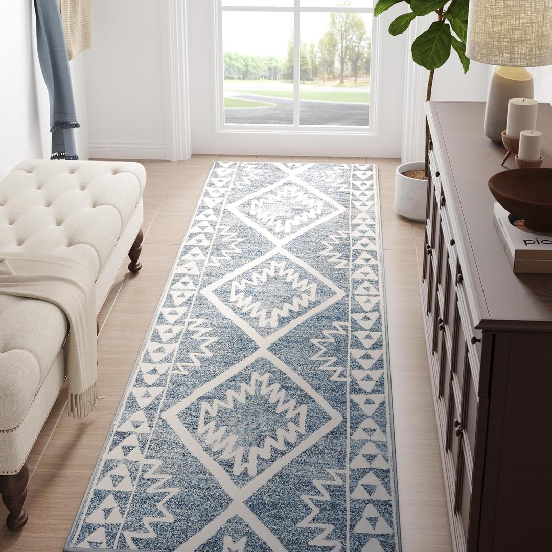 jinchan Boho Kitchen Runner Rug 3x7 Moroccan Trellis Hallway Runner Rug Washable Tribal Non Slip Soft Geometric Thin Farmhouse Carpet for Bedroom Bathroom Laundry Room Living Room Heathered Blue