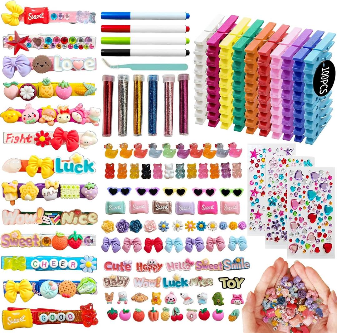 2 x 100PCS Cheer Pins Spirit Clips, Colored Wooden Clothes pins with 820pcs Mini Resin Animals Bow Eyeglass Flower Candy Bead and Sticker, Cheer Pin for Cheerleading, Backpack Decor, Team Crafts Gifts