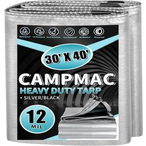 Heavy Duty Tarp 30' x 40', 12 Mil Thick Waterproof Poly Tarps, High Durability, Rip and Tear Resistant with Metal Grommets Every 20 Inches (Silver/Black)