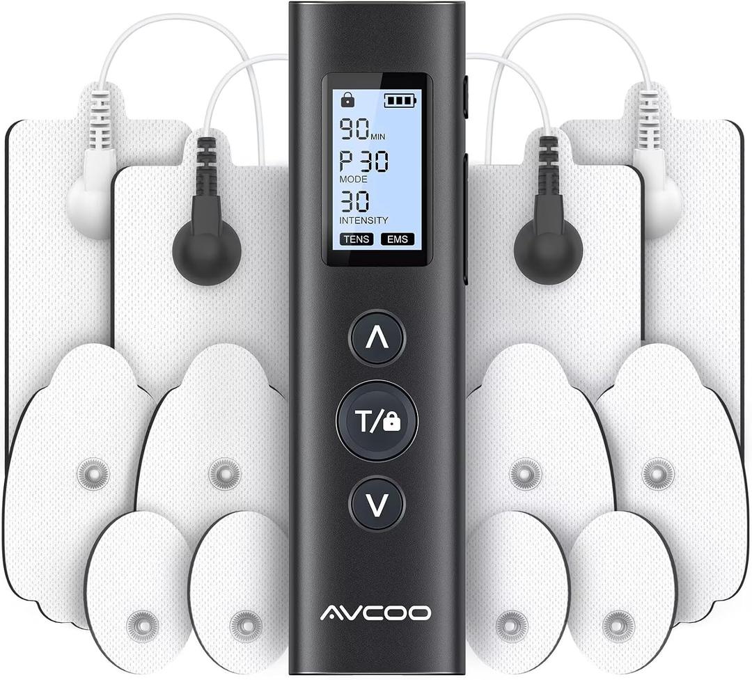 AVCOO 30 Modes TENS EMS Unit Compact Muscle Stimulator for Pain Relief of Back, Shoulder, Neck, Rechargeable & Portable Dual Channel EMS Muscle Stimulator with 30 Intensity Levels, 12 Electrode Pads