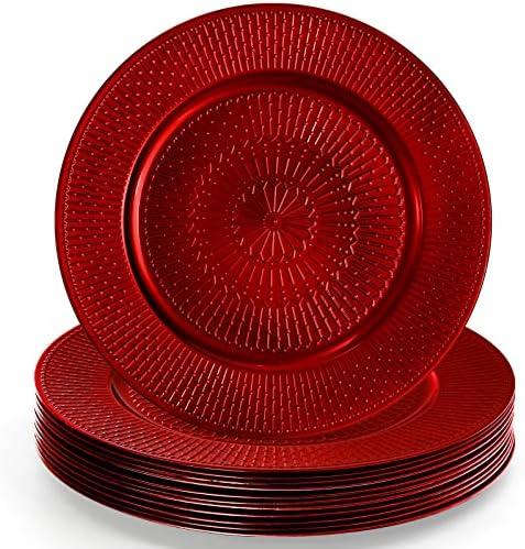 DEAYOU 12 Pack Red Charger Plate, 13-inch Beaded Chargers for Dinner Plates, Plastic Reusable Round Charger Platters for Wedding, Party, Event, Table Setting, Decoration, Holiday