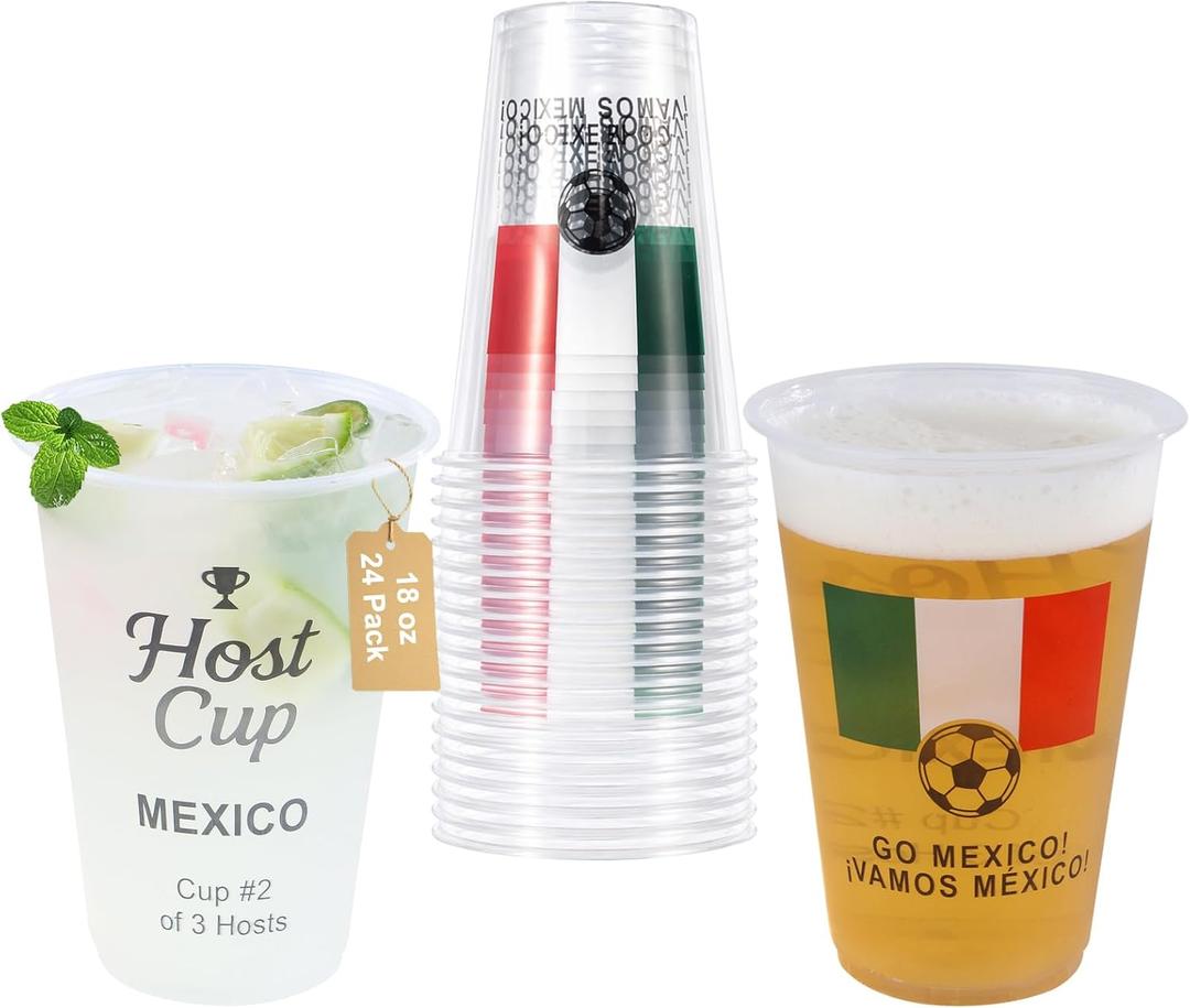 18 oz Host Cup Celebrating World Soccer Tournament Host Mexico, 24-Count Disposable Plastic Party Cups, National Flag Themed for Fan Event Decorations Game-Day Festival