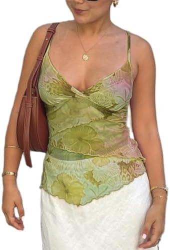 Women Y2k Mesh Tank Top Camisole Floral Print Spaghetti Strap Sleeveless V Neck Going Out Tops Cami Shirts Size Large
