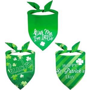 2 x St. Patrick's Day Dog Bandanas 3Pack Lucky Shamrock Costume, Kiss Me I'm Irish Triangle Bibs Adjustable Pet Scarf Accessories for Dogs Cats Medium Green Kerchief Happy Holiday Supplies Outfit