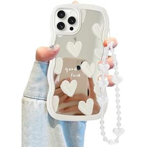 Jusy Compatible with iPhone 15 Pro Max Case with Wavy Edge, Cute White Heart Mirror Curly Phone Cases, Shockproof Hard PC & Soft TPU Bumper Protection Cover for Women Girls with Bracelet Chain