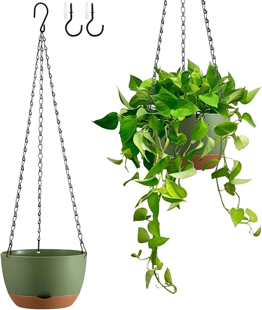 Set of 2 Hanging Planters for Indoor Outdoor Plants, 8 Inch Self-Watering Hanging Flower Pots with Drainage Hole & Removable Water-Storage Tray (Hooks) (Green)
