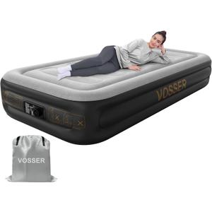 Twin Air Mattress with Built in Pump,Inflatable Mattress 2 Mins Self-Inflation/Deflation,Thicker Blow up Mattress Leak-Proof,Flocked Top Air Bed with Storage Bag for Home, Camping & Guests (Grey)