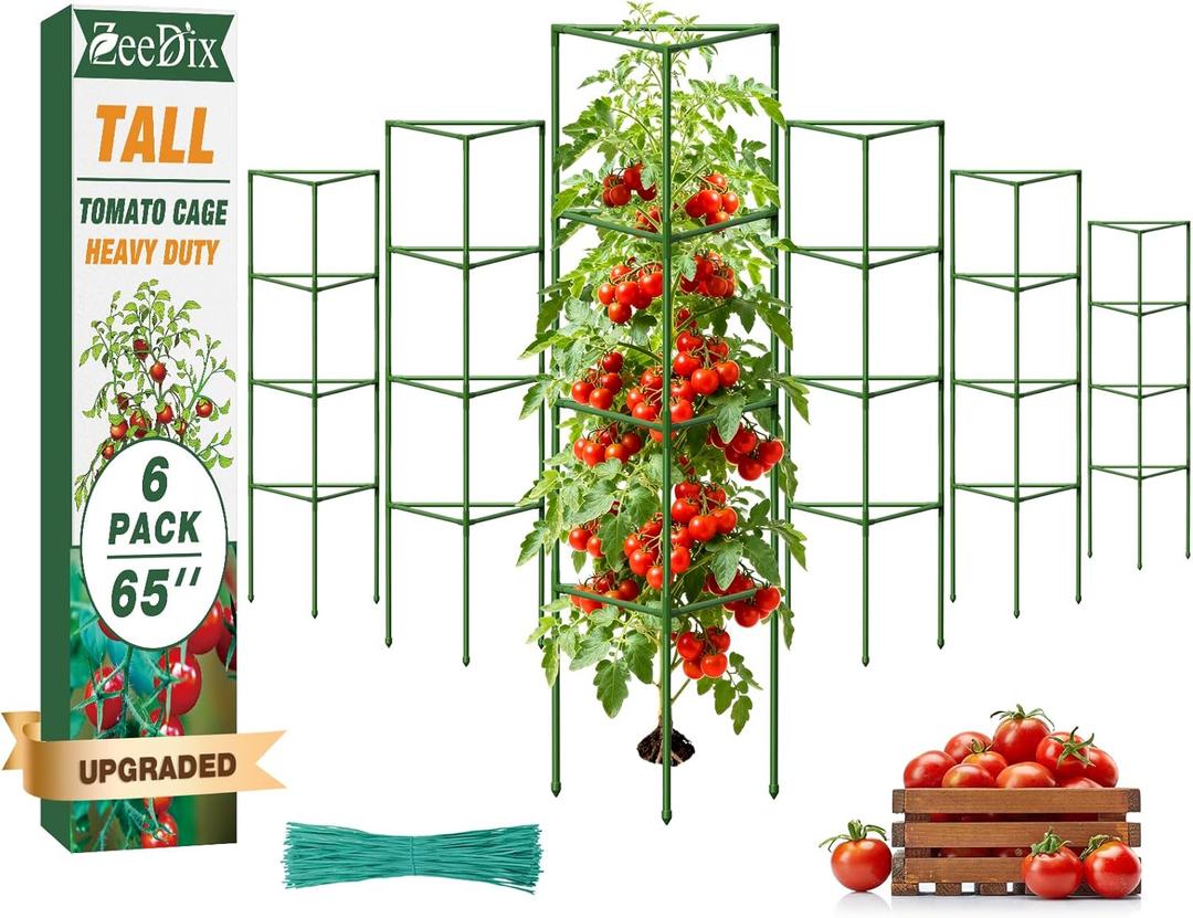 ZeeDix 6 Pack 65 Inch Tall Tomato Cages for Garden, Heavy Duty Large Plant Trellis Support Stakes for Climbing Plants, Adjustable Tomatoes Cage for Pots & Outdoor Raised Garden Bed