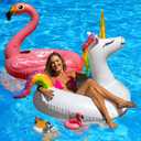 JAMBO Unicorn and Flamingo Pool Floats- 2 Pack with 2 Drink Holder Floats, Large Flamingo and Unicorn Tube Float, Adult & Teens, Inflatable Tanning Pool Toys, Tanning Pool Float, Tanning Float