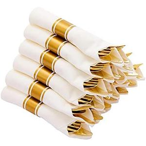 N9R 30 Pack Pre Rolled Gold Plastic Cutlery Set, Wrapped Plastic Silverware Set with 30 Forks, 30 Knives, 30 Spoons and 30 Napkins, Disposable Cutlery Set for Party and Wedding