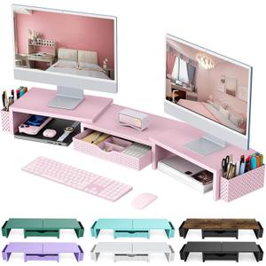 Gianotter Dual Monitor Stand Riser, Desk Organizer With Drawer and 2 Pen Holders,Desk Organizers and Accessories, Pink Office Supplies (Pink)