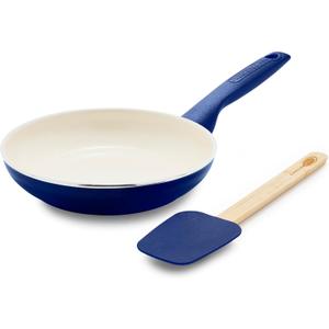 GreenPan Rio Healthy Ceramic Nonstick 8" Frying Pan Skillet and Silicone Spatula Set, Soft Grip Handle, Breaktfast Meal Set, PFAS-Free, Dishwasher Safe, Oven Safe, Oxford Blue