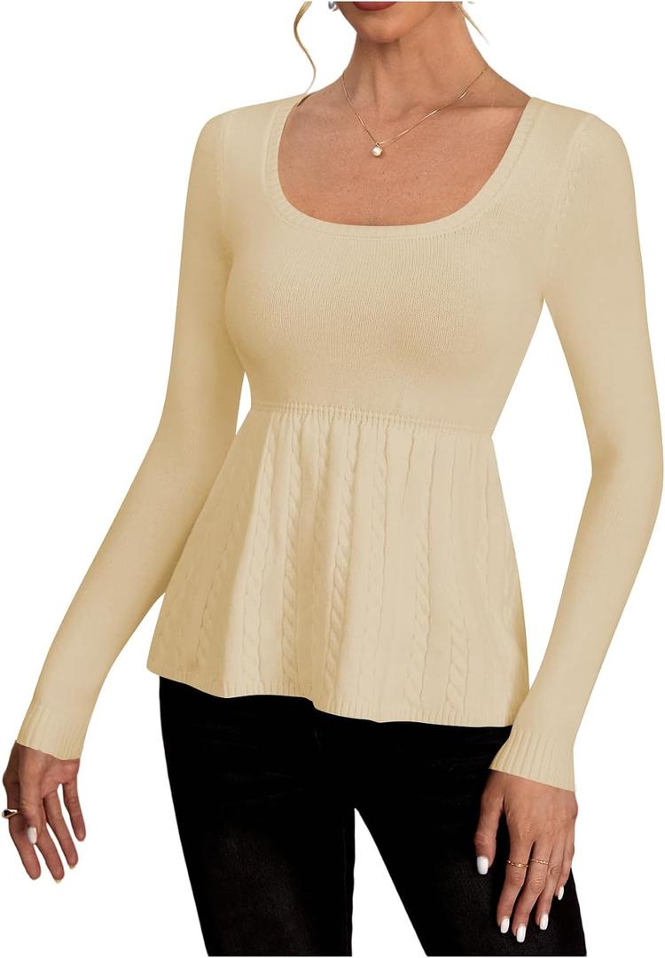 Women's Scoop Neck Peplum Sweater Long Sleeve Cable Knit Dressy Casual Pullover Tops (L)
