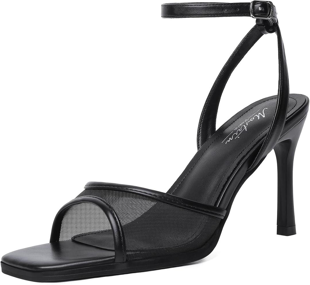 Mostrin Strappy Heels for Women Square Open Toe Lace Up Heeled Sandals Ankle Strap Sexy Stiletto High Heels for Party, Prom, Dating, Wedding, 8, Black_mesh #07