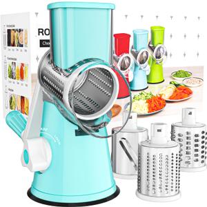 Cambom Rotary Cheese Grater Hand Crank Cheese Shredder for Fresh Cheese, Vegetable, Nuts,Non-slip Suction Base，Three Blades,Blue
