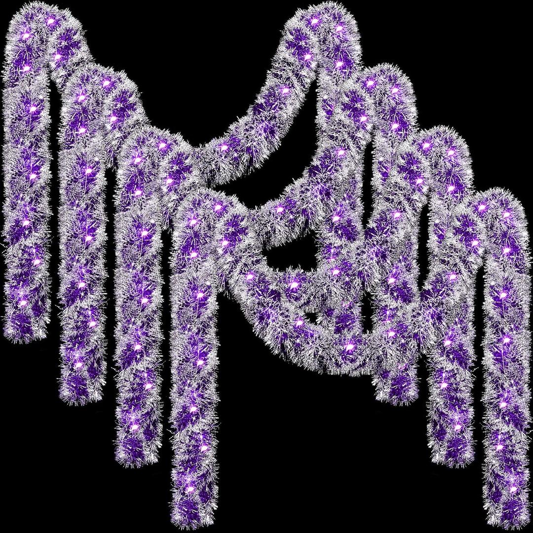 Ceenna 4 Pcs 32.8 ft Christmas Tinsel Garland with 32.8ft 100 LED Lights for Wall Mounted Hanging Xmas Tree Party Christmas Room Decor, Wedding, Birthday, Party Supplies (Purple)