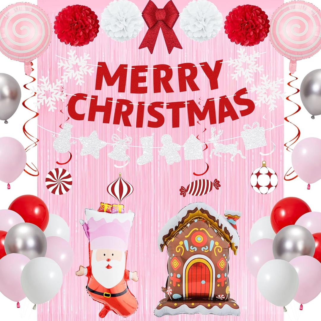 Holkcog Pink Gingerbread Man Christmas DecorationsPink Winter Candy House Happy Merry Birthday Theme Banner, Candy, Bowknot, Santa Claus' Stocking Ballons for Birthday Party Baby Shower Decor