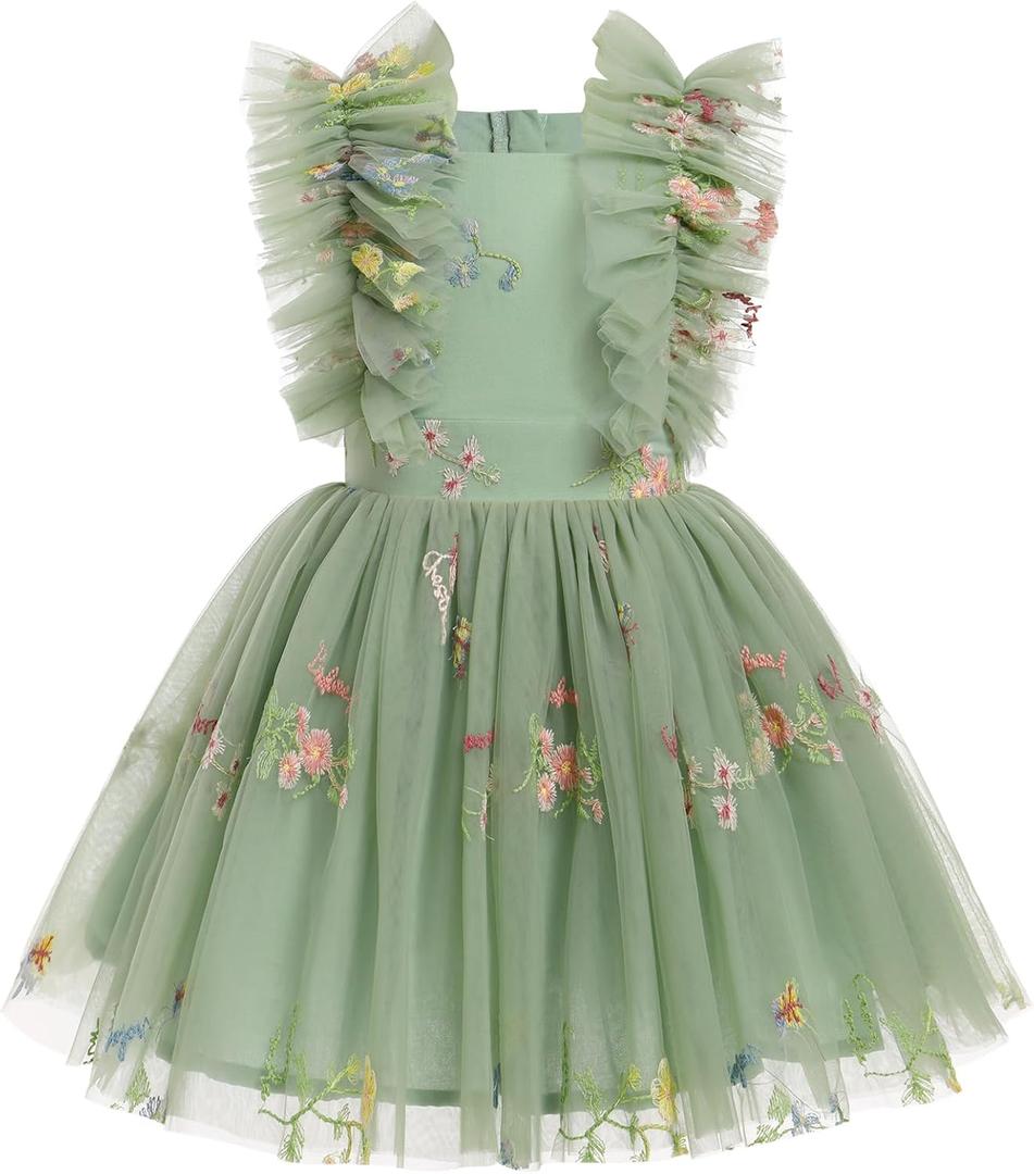 Girls Birthday Party Dress Ruffle Sleeve Sequin Dots Floral Tulle Princess Wedding Pageant Formal Bance Gown (Green,130)