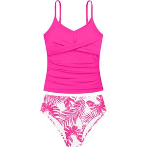 Girls Swimsuit 2 Piece Bathing Suit Criss Cross Ruched Girl Tankini Sets Printed Girls' Swimwear for 9-18 Years (15-16 Years, Pink)