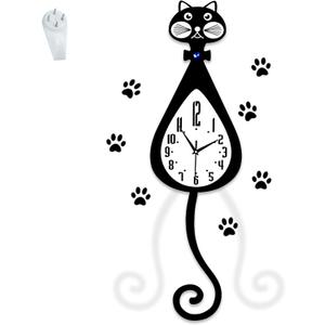 rnuie Pendulum Wall Clock Cat Decor, Battery Operated Silent Clock with Swinging Tail, Home Living Room, Bedroom, Kitchen Decor