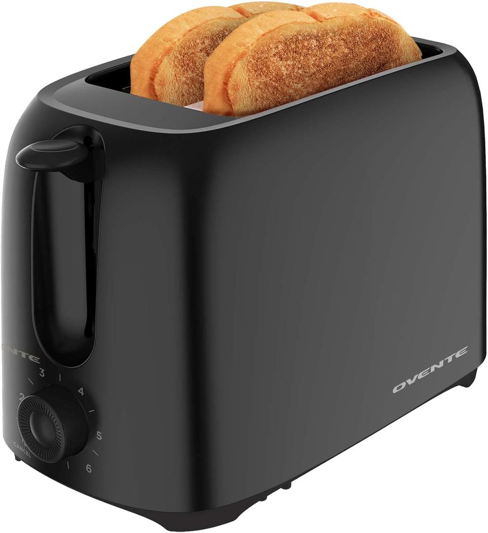 OVENTE Electric 2 Slice Toaster Machine, ETL Certified, 6-Shade Browning Selector, Compact Design, Removable Crumb Tray, 700W Power, Perfect for Bread, Thin Bagels & Waffles, Black TP2210B