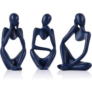 Navy Blue Thinker Statue Decor for TV Stand, Shelf, Desk, or Coffee Table - Set of 3 Resin Figurines for Living Room Decorative Objects, Modern Sculpture, Minimalist Bookcase Decor, Home Accents