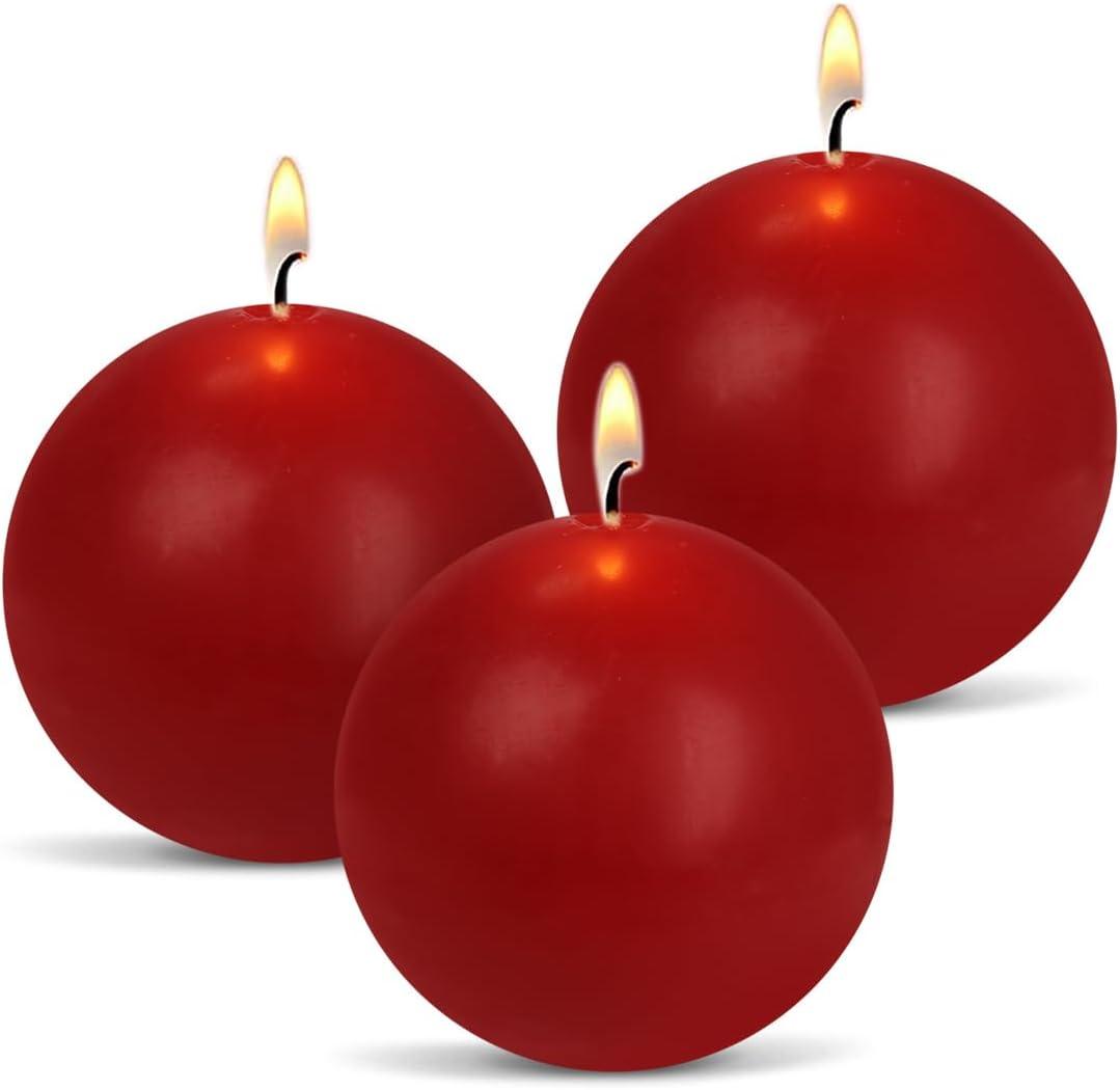 Ball Pillar Candles Set of 3 Red 3Inch Unscented Handpoured Weddings, Home Decoration, 75 Hour