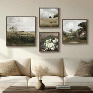 4 Piece Framed Vintage Landscape Wall Art for Living Room, Large Rustic Farmhouse Canvas Pictures Artwork for Walls, French Country Botanical Prints Paintings for Bedroom and Dining Room Wall Decor, 24" H X 30" W