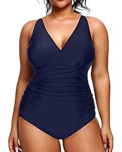 Aqua Eve Women Plus Size One Piece Swimsuits V Neck Tummy Control Bathing Suits Retro Ruched Swimwear Blue 20W