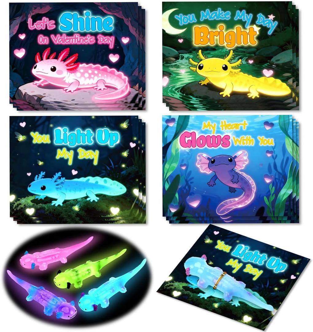 SpringFlower 24 Pack Valentines Day Cards with Glow In The Dark Axolotl Toys, Ideal Valentines Day Gifts Exchange for School, Valentines Party Favors Prizes for Kids Boys Girls