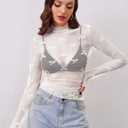Women Lace Mesh Bow Knot Long Sleeve Tops Mock Neck See Through Sexy Blouse Shirts Sheer Layering Clubwear (White, S)