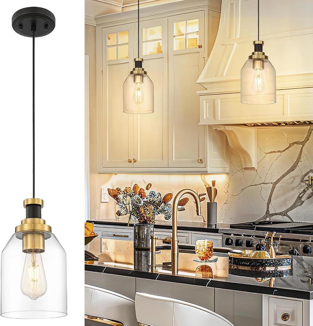 zeyu Large Pendant Lights Kitchen Island, 1-Light Clear Hanging Lights, Clear Glass Shade, Black and Gold Finish, ZG33M1L-L BK+BG, 6.3 Inch, 1-Light