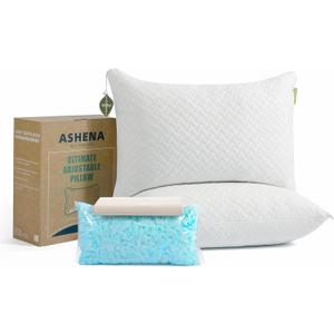 Ashena Adjustable Bed Pillows Queen Size Set of 2 - Cooling Bamboo Cover, Custom Loft Pillow for Sleeping - Bedding for Back, Stomach or Side Sleepers