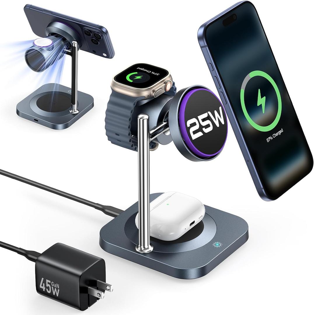 Qi2.2 Certified 25W Fast Charging Station with Cooling Fan, 3 in 1 Wireless Charger Design for MagSafe Charger for iPhone 17/16/S26 Ultra/Pixel 10, Charging Stand with 45W Adapter for iWatch & AirPods