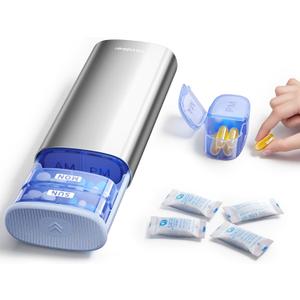 Vaydeer AM/PM Metal Pill Organizer, Weekly Pill Box with Built-in Desiccant Compartment, Airtight Travel Pill Case for Medication, Vitamins & Supplements (Silver)