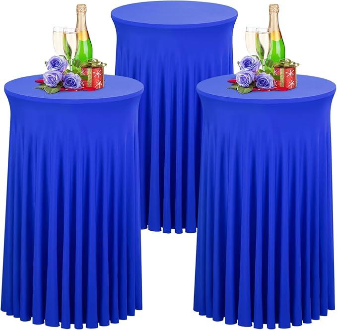 Babenest 24"x 43" Round Cocktail Table Skirt, 3 Pack Spandex Stretch Round Tablecloths Natural Wavy Drapes, Fitted High Top Bar Cocktail Table Covers for Wedding Party Birthday Banquet (Royal Blue)