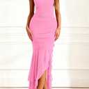 BTFBM Summer Dresses for Women 2026 Wedding Guest Dress Prom | Bodycon Ruched Sleeveless Maxi Dresses,V Neck, Solid, Cocktail Dresses,Homecoming,Party,Brides,Bridal Shower,Summer Clothes (Pink, XXL)