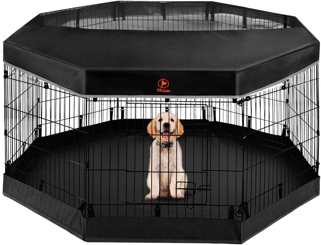 PJYuCien Dog Playpen - Metal Foldable Dog Exercise Pen, Pet Fence Puppy Crate Kennel Indoor Outdoor with 8 Panels 24H & Top Cover and Bottom Pad for Small Medium Pets