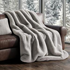 EVERGRACEHOME Luxury Soft Faux Chinchilla Fur Throw Blanket for Couch, Warm Thick Heavy Winter Throw Blanket 1220GSM for Bed, Fluffy Cozy Mink Blanket with Reversible Velvet, Silver Taupe, 60"x80"