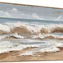 The Mode Art Ocean Wave Canvas Print Framed Beach Landscape Wall Decor Neutral Blue & Beige Artwork for Living Room Bedroom Sofa Fireplace 24x48inch