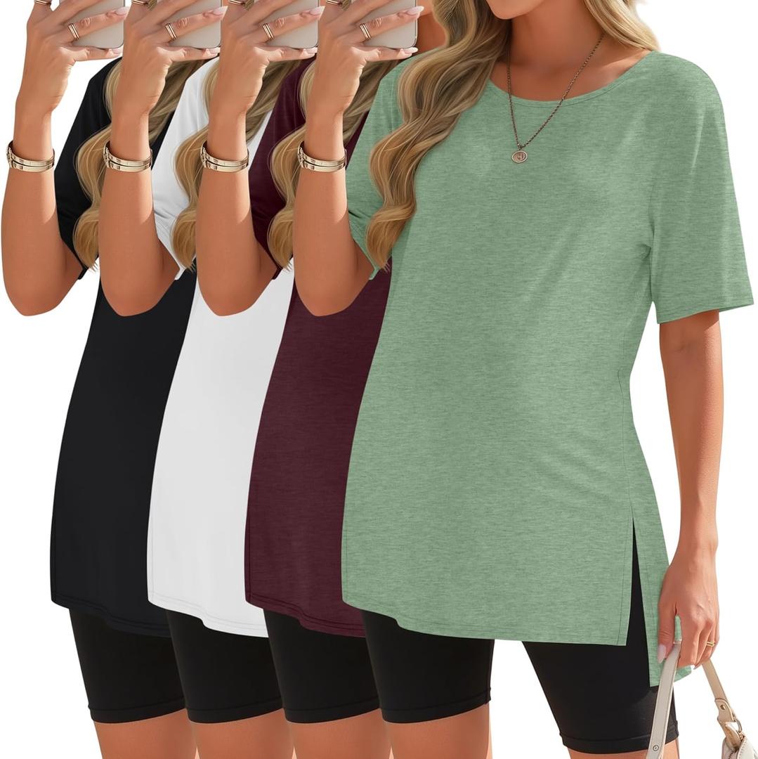 4 Pack Maternity Shirts Split Side Cotton Pregnancy Tops Loose Fit Crewneck Short Sleeve Casual Maternity Clothes (Medium, Light Green, Wine Red, White, Black)