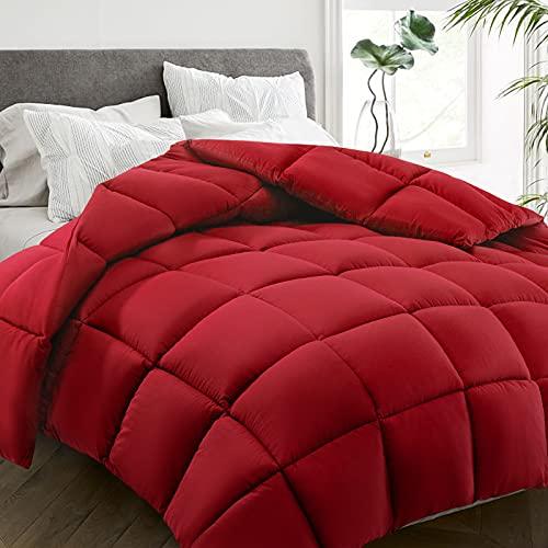HYLEORY All Season Queen Size Bed Comforter - Cooling Goose Down Alternative Quilted Duvet Insert with Corner Tabs - Winter Warm - Machine Washable - Red