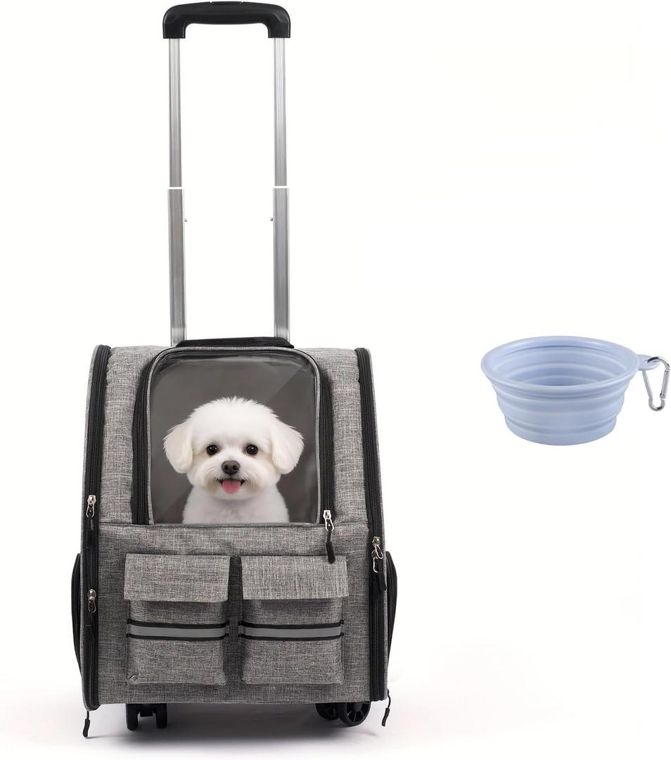 Rolling Pet Carrier with Wheels, Polyester, Soft-Sided Collapsible, Large, Travel, with Telescopic Handle and Folding Bowl (Gray Wheeled Carrier Set)