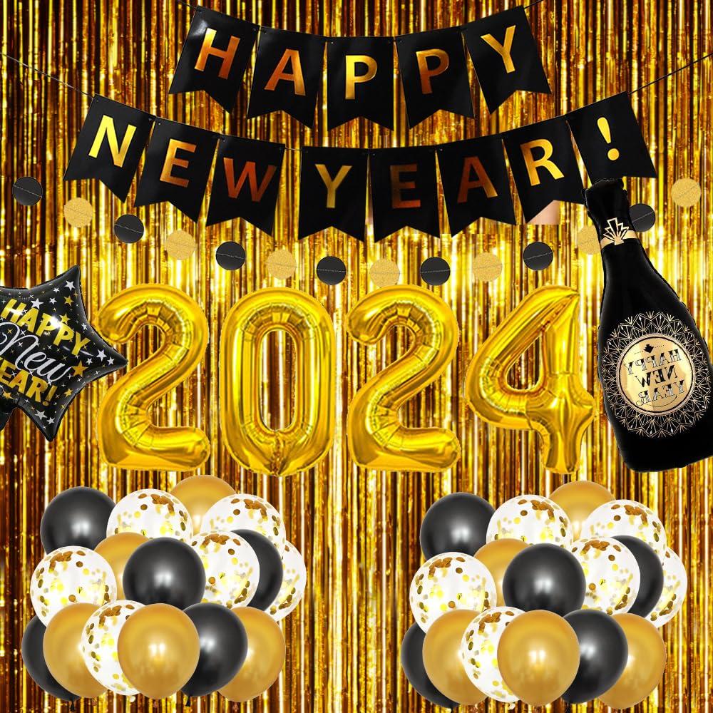 Labeol New Years Decorations 2024, 39 PCS Happy New Year Set with Large Foil Balloons, Banner, Gold Foil Curtains Black, Gold, Confetti Balloons for Party, Set of 2