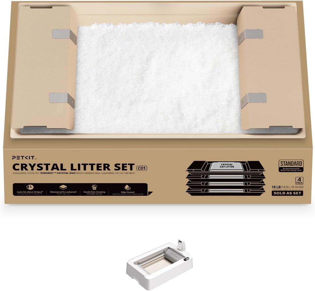PETKIT Crystal Cat Litter with Tray, Suitable for Purobot Crystal Duo Automatic Litter Box, Dust-Free Mess-Free No Refilling, Odor Control (White-Original Unscented, 4.5 lb4 Packs)
