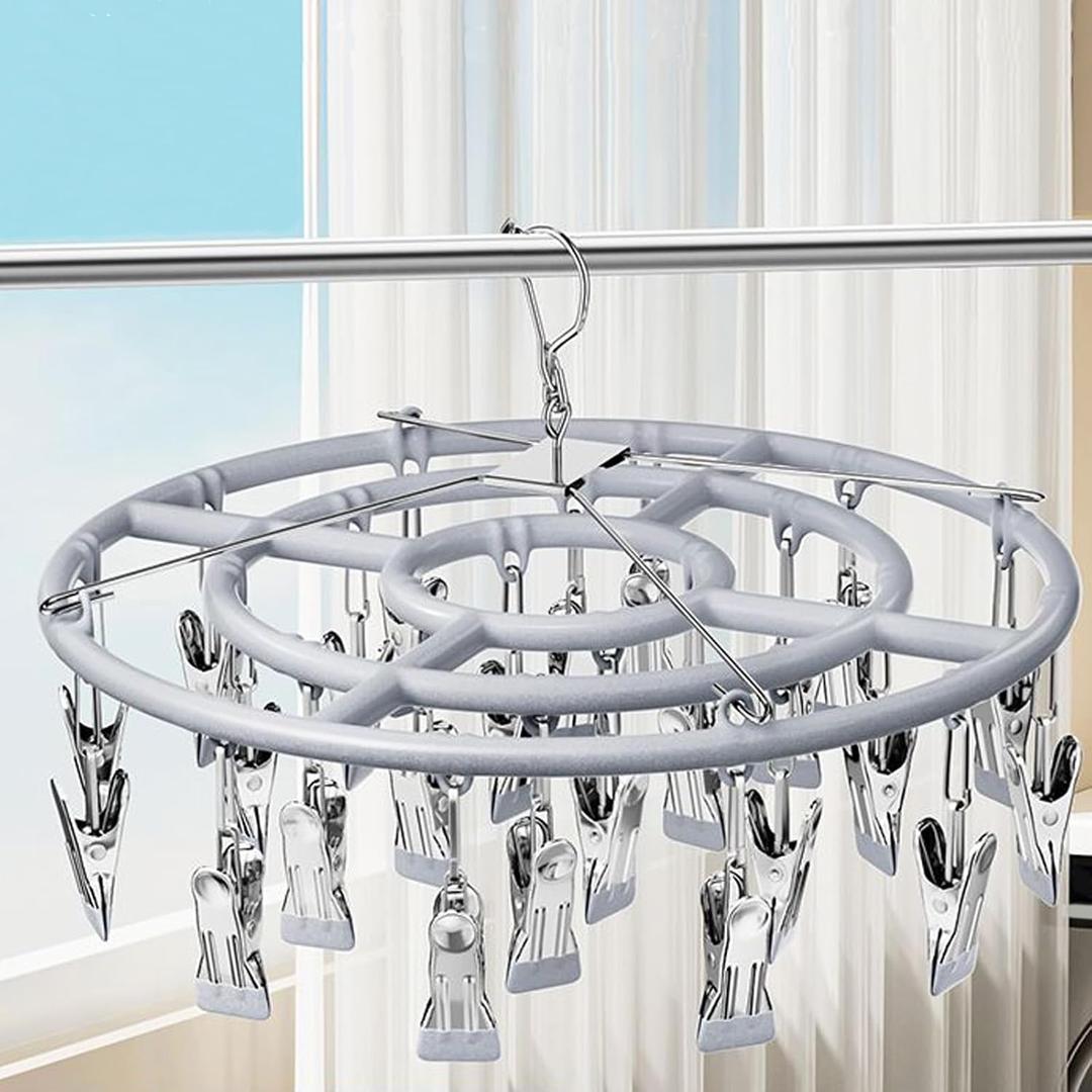 Stainless Steel Clothes Drying Rack with 24 Clips, Swivel Hook Windproof Hanger for Sock, Bras, Towel, Underwear, Laundry, Hat, Scarf, Pants, Gloves (Gray)