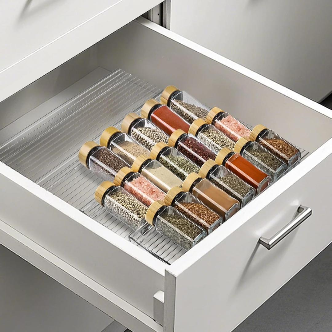 Spice Drawer Organizer, 4 Tier Clear Acrylic Drawer Seasoning Organizer Rack, Kitchen Seasoning Jars Drawers Insert, Expandable 11" to 22" Spice Rack Tray for Cabinet/Countertop (Jars Not Included)